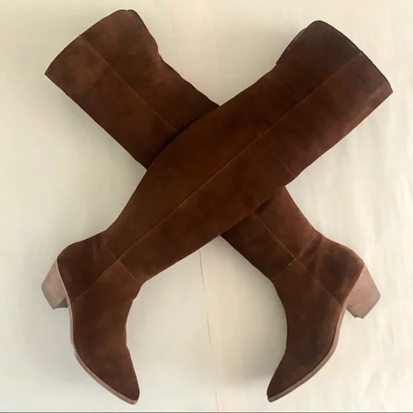 Steve Madden Lucca Pieced Suede Over the Knee Stacked Heel Boot, Cognac 9.5 - Picture 4 of 12